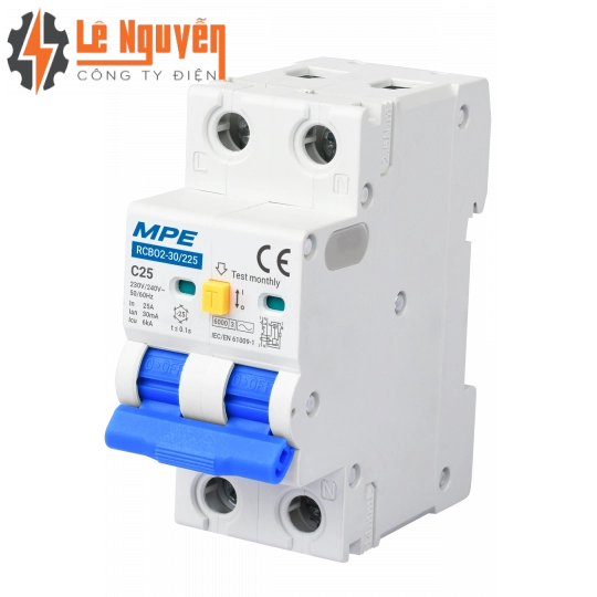 Cầu dao bảo vệ dòng rò, quá tải RCBO 2 cực, 25A, 30mA, 6kA mã RCBO-30/225