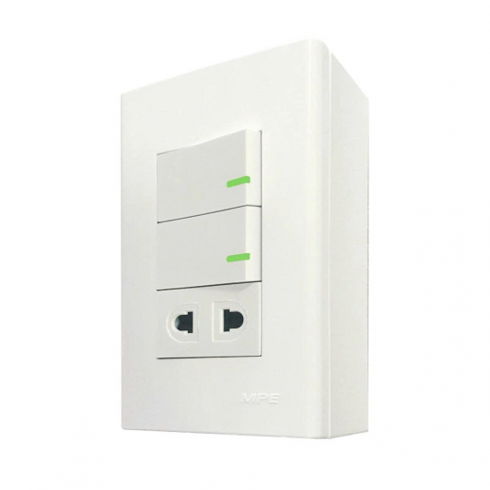 Bộ công tắc ổ cắm đơn 2 công tắc 1 ổ cắm 2 chấu và đế nổi đơn mã A60B11U2V (Vặn vít)