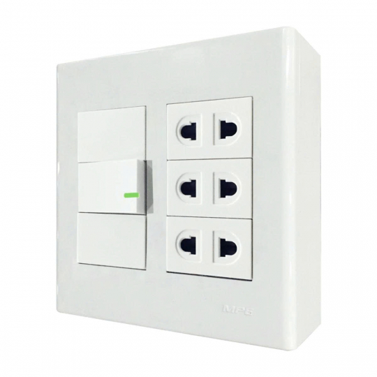 Bộ công tắc ổ cắm đôi 3 ổ cắm 2 chấu 1 công tắc và đế nổi đôi mã A60B23U1N 