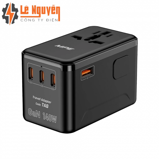 Ổ cắm du lịch đa năng,Tích hợp 3 cổng USB-C, 1 cổng USB-A, sạc nhanh GaN 140W mã TA8